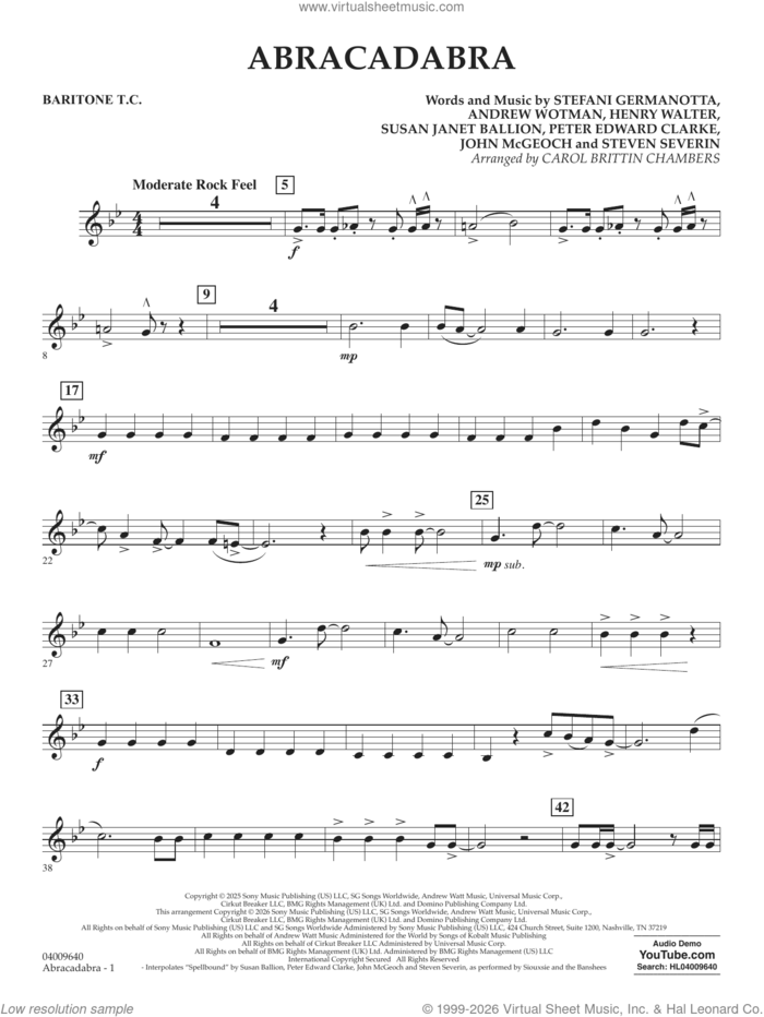 Abracadabra (arr. Chambers) sheet music for concert band (baritone t.c.) by Lady Gaga, Carol Brittin Chambers, Andrew Wotman (Andrew Watt), John McGeoch, Peter Edward Clarke, Steven Severin and Susan Janet Ballion, intermediate skill level