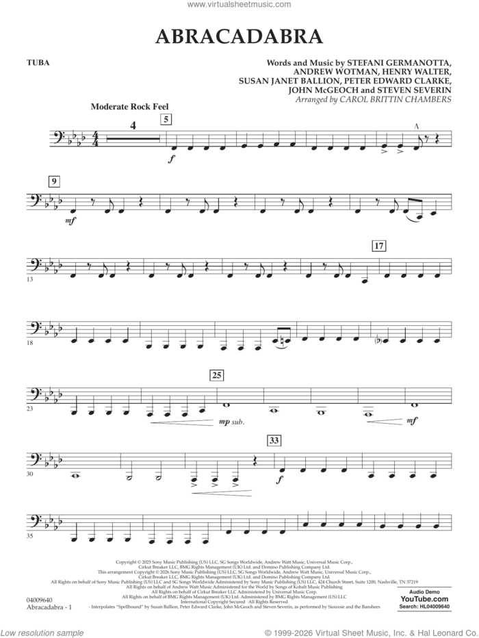 Abracadabra (arr. Chambers) sheet music for concert band (tuba) by Lady Gaga, Carol Brittin Chambers, Andrew Wotman (Andrew Watt), John McGeoch, Peter Edward Clarke, Steven Severin and Susan Janet Ballion, intermediate skill level