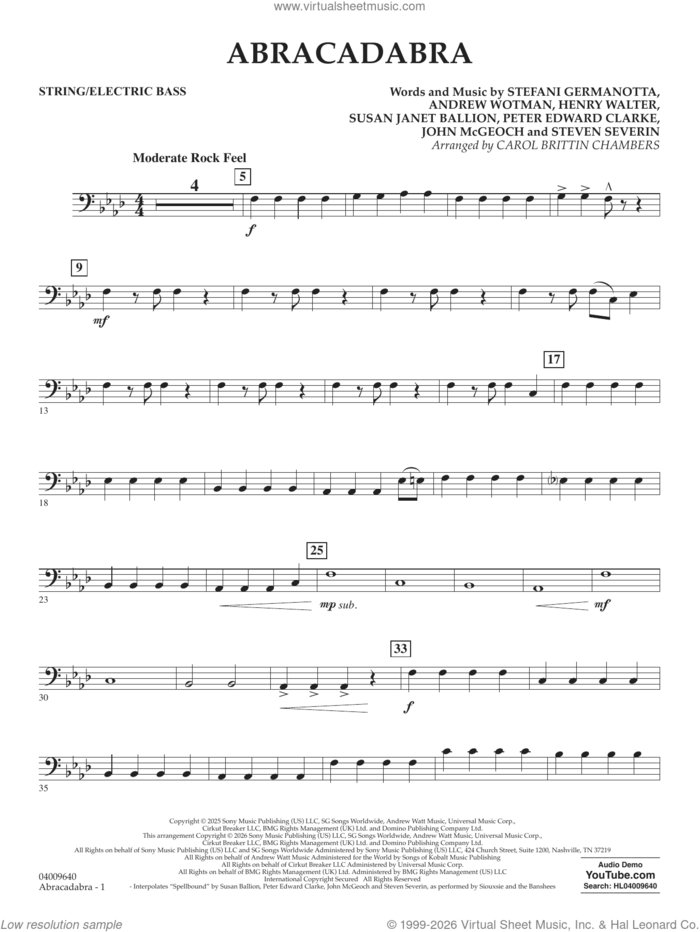 Abracadabra (arr. Chambers) sheet music for concert band (string/electric bass) by Lady Gaga, Carol Brittin Chambers, Andrew Wotman (Andrew Watt), John McGeoch, Peter Edward Clarke, Steven Severin and Susan Janet Ballion, intermediate skill level