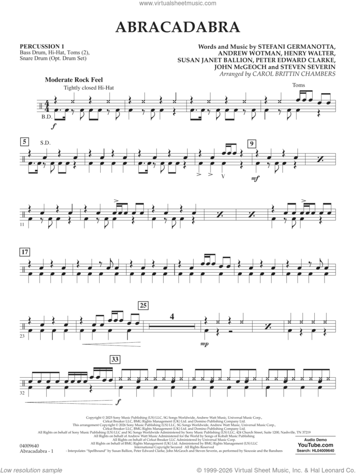 Abracadabra (arr. Chambers) sheet music for concert band (percussion 1) by Lady Gaga, Carol Brittin Chambers, Andrew Wotman (Andrew Watt), John McGeoch, Peter Edward Clarke, Steven Severin and Susan Janet Ballion, intermediate skill level