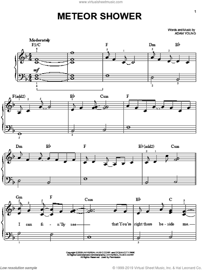 Meteor Shower sheet music for piano solo by Owl City and Adam Young, easy skill level