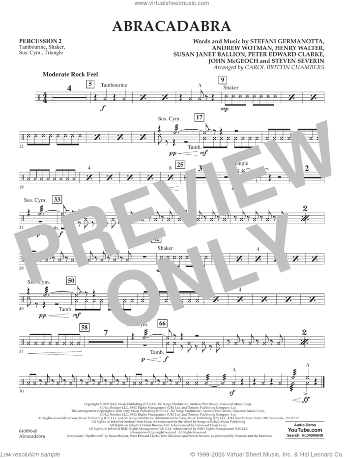 Abracadabra (arr. Chambers) sheet music for concert band (percussion 2) by Lady Gaga, Carol Brittin Chambers, Andrew Wotman (Andrew Watt), John McGeoch, Peter Edward Clarke, Steven Severin and Susan Janet Ballion, intermediate skill level