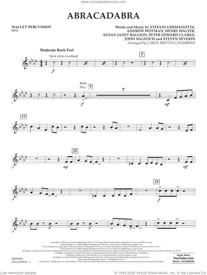 Abracadabra (arr. Chambers) sheet music for concert band (mallet percussion) by Lady Gaga, Carol Brittin Chambers, Andrew Wotman (Andrew Watt), John McGeoch, Peter Edward Clarke, Steven Severin and Susan Janet Ballion, intermediate skill level