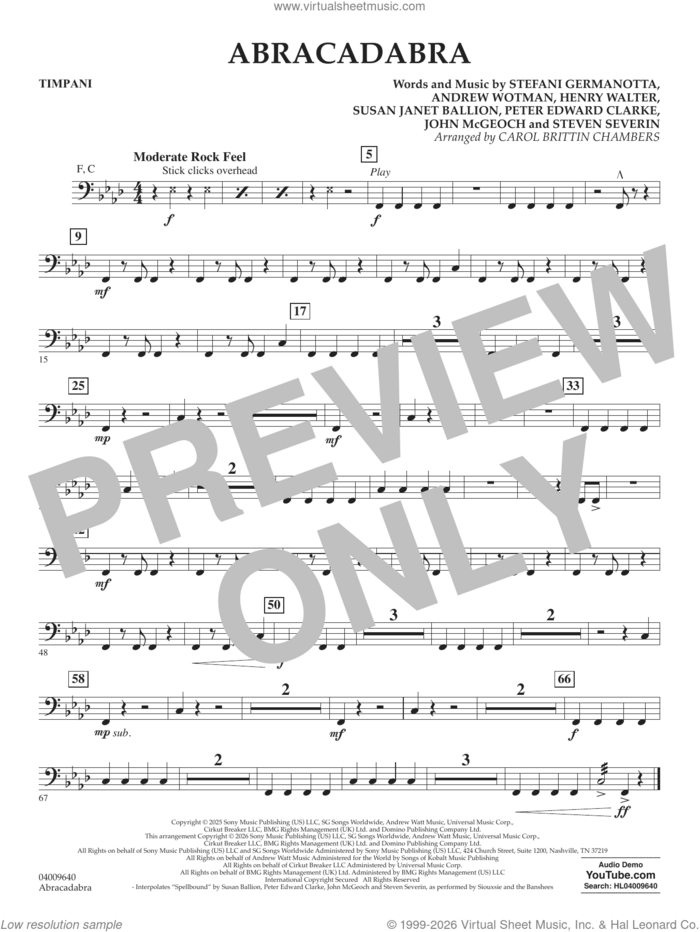 Abracadabra (arr. Chambers) sheet music for concert band (timpani) by Lady Gaga, Carol Brittin Chambers, Andrew Wotman (Andrew Watt), John McGeoch, Peter Edward Clarke, Steven Severin and Susan Janet Ballion, intermediate skill level