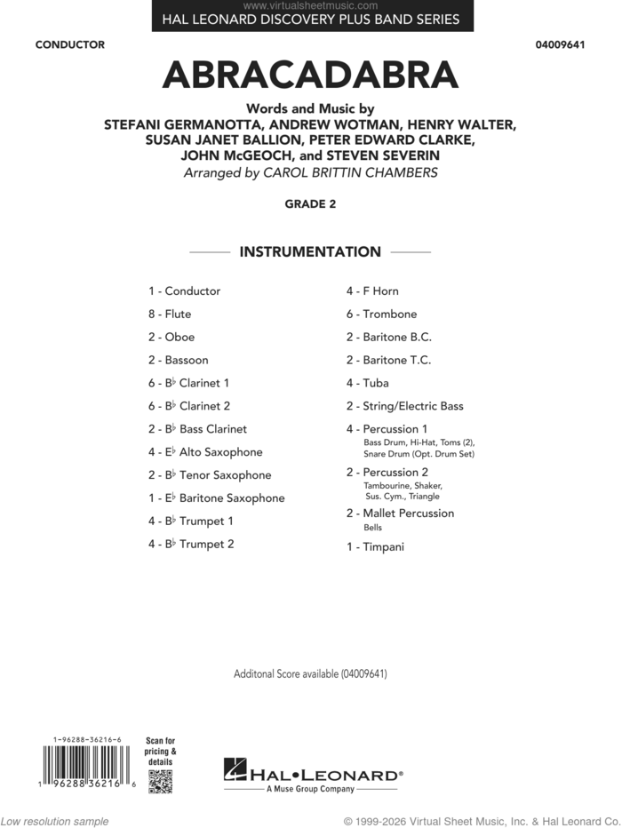 Abracadabra (arr. Carol Brittin Chambers) (COMPLETE) sheet music for concert band by Lady Gaga, Andrew Wotman (Andrew Watt), Carol Brittin Chambers, John McGeoch, Peter Edward Clarke, Steven Severin and Susan Janet Ballion, intermediate skill level