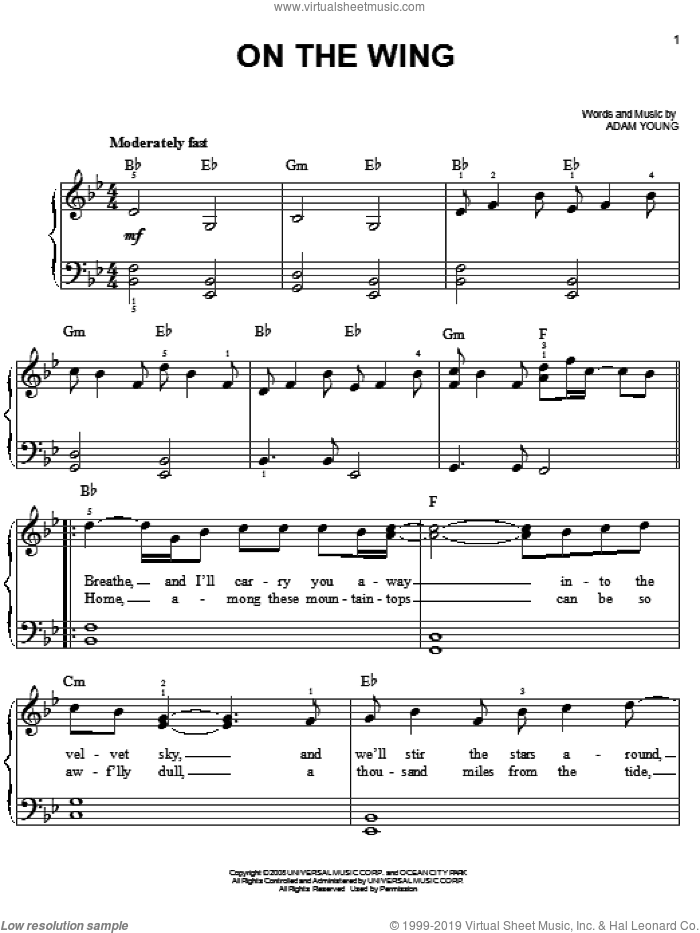 On The Wing sheet music for piano solo by Owl City and Adam Young, easy skill level
