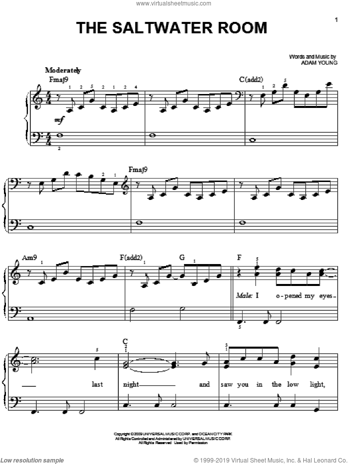 The Saltwater Room sheet music for piano solo by Owl City and Adam Young, easy skill level