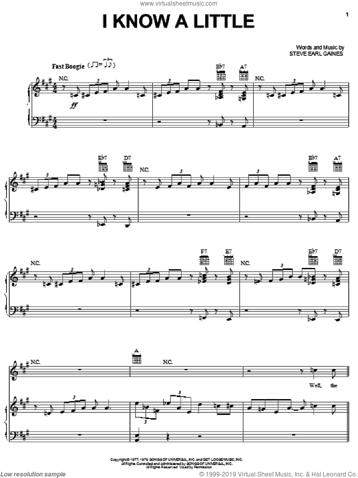 I Know A Little sheet music for voice, piano or guitar by Lynyrd Skynyrd and Steve Gaines, intermediate skill level