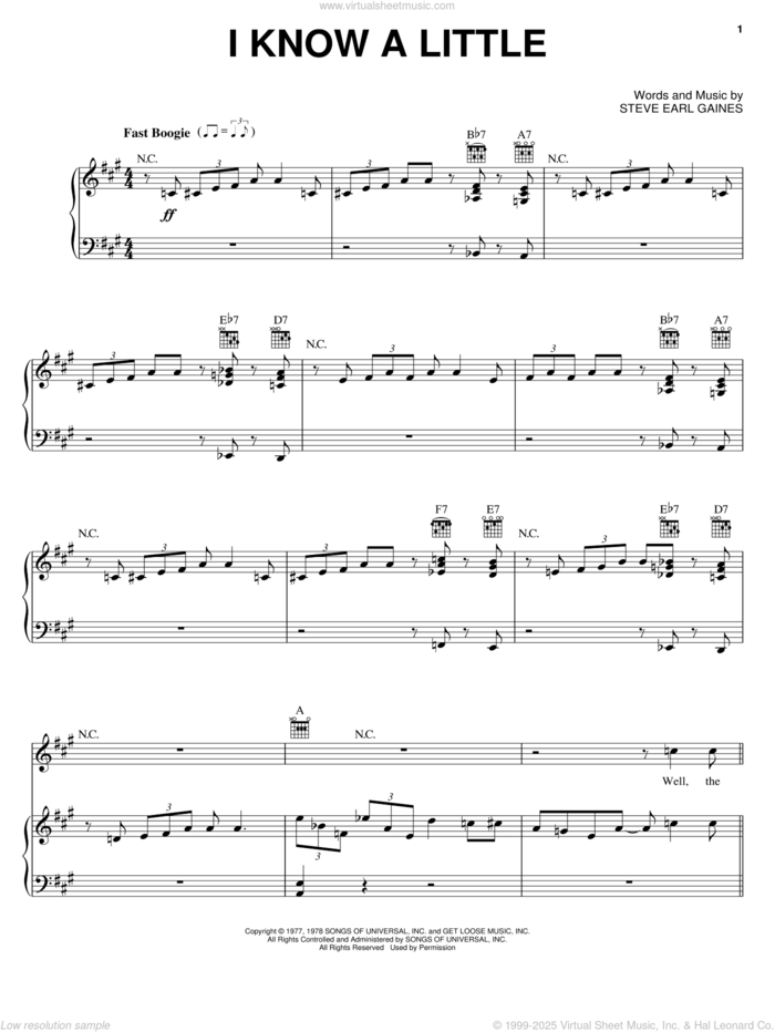 I Know A Little sheet music for voice, piano or guitar by Lynyrd Skynyrd and Steve Gaines, intermediate skill level