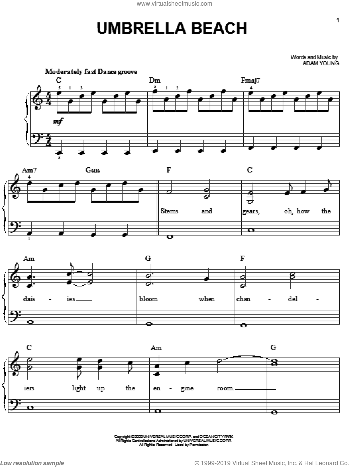 Umbrella Beach sheet music for piano solo by Owl City and Adam Young, easy skill level