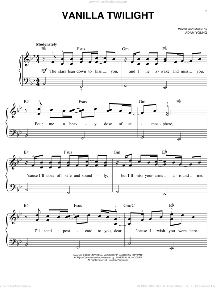 Vanilla Twilight sheet music for piano solo by Owl City and Adam Young, easy skill level