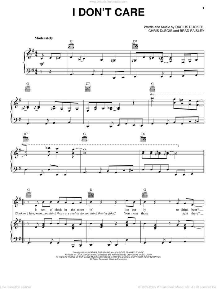 I Don't Care sheet music for voice, piano or guitar by Darius Rucker, Brad Paisley and Chris DuBois, intermediate skill level