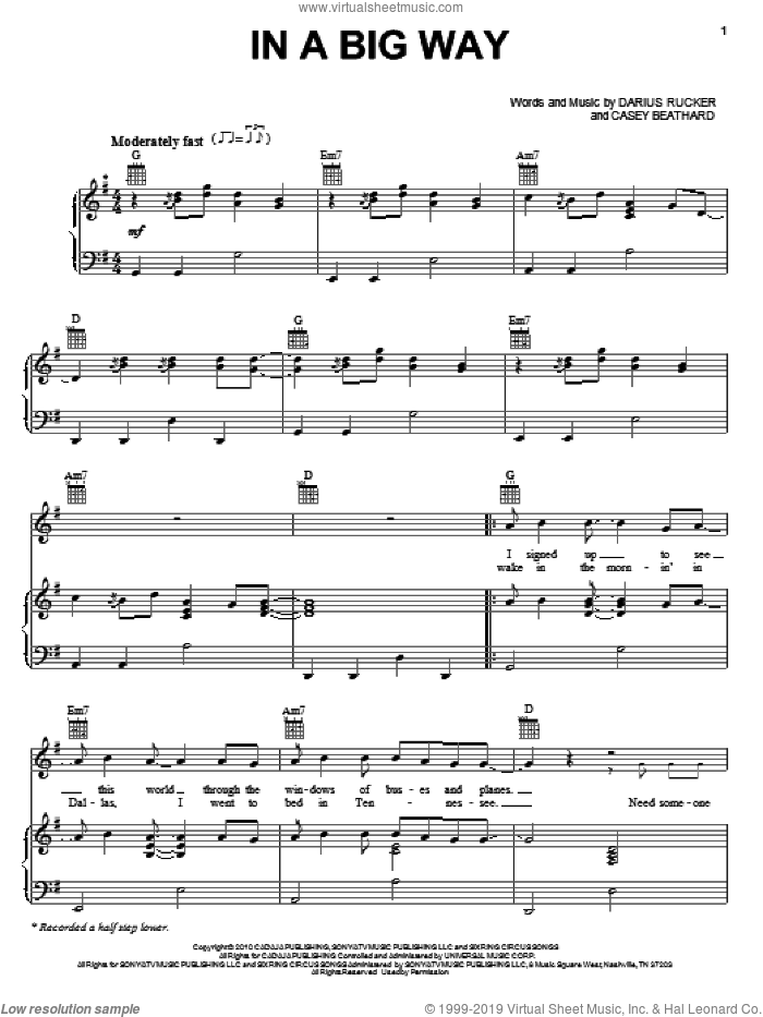 In A Big Way sheet music for voice, piano or guitar by Darius Rucker and Casey Beathard, intermediate skill level