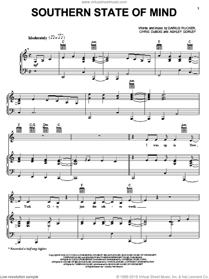 Southern State Of Mind sheet music for voice, piano or guitar by Darius Rucker, Ashley Gorley and Chris DuBois, intermediate skill level