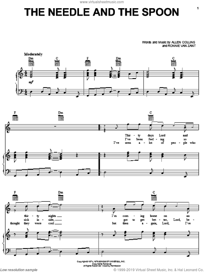 The Needle And The Spoon sheet music for voice, piano or guitar by Lynyrd Skynyrd, Allen Collins and Ronnie Van Zant, intermediate skill level