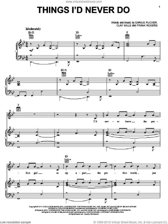 Things I'd Never Do sheet music for voice, piano or guitar by Darius Rucker, Clay Mills and Frank Rogers, intermediate skill level