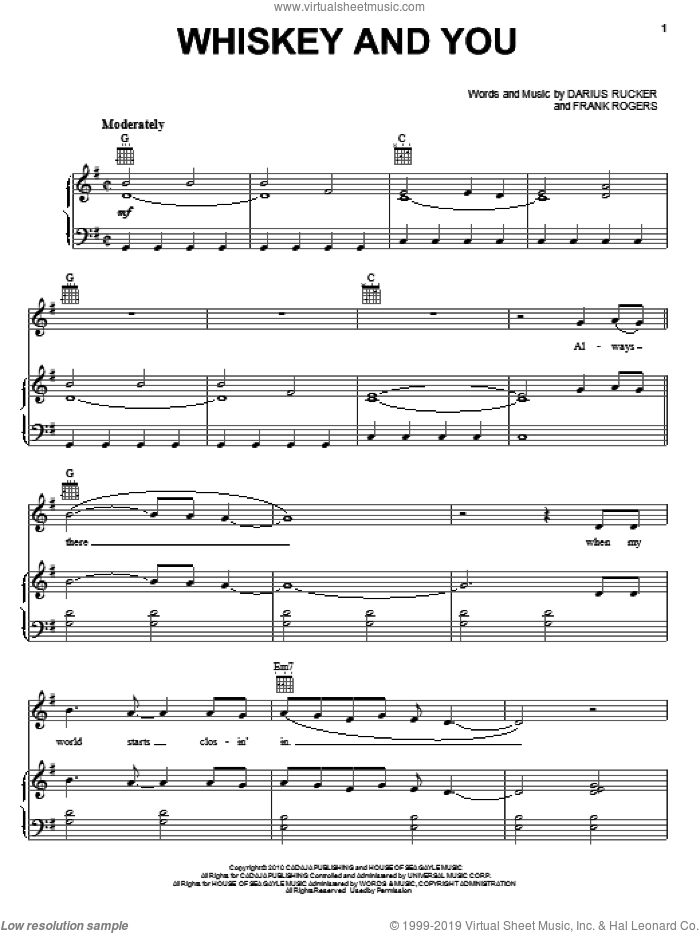 Whiskey And You sheet music for voice, piano or guitar by Darius Rucker and Frank Rogers, intermediate skill level
