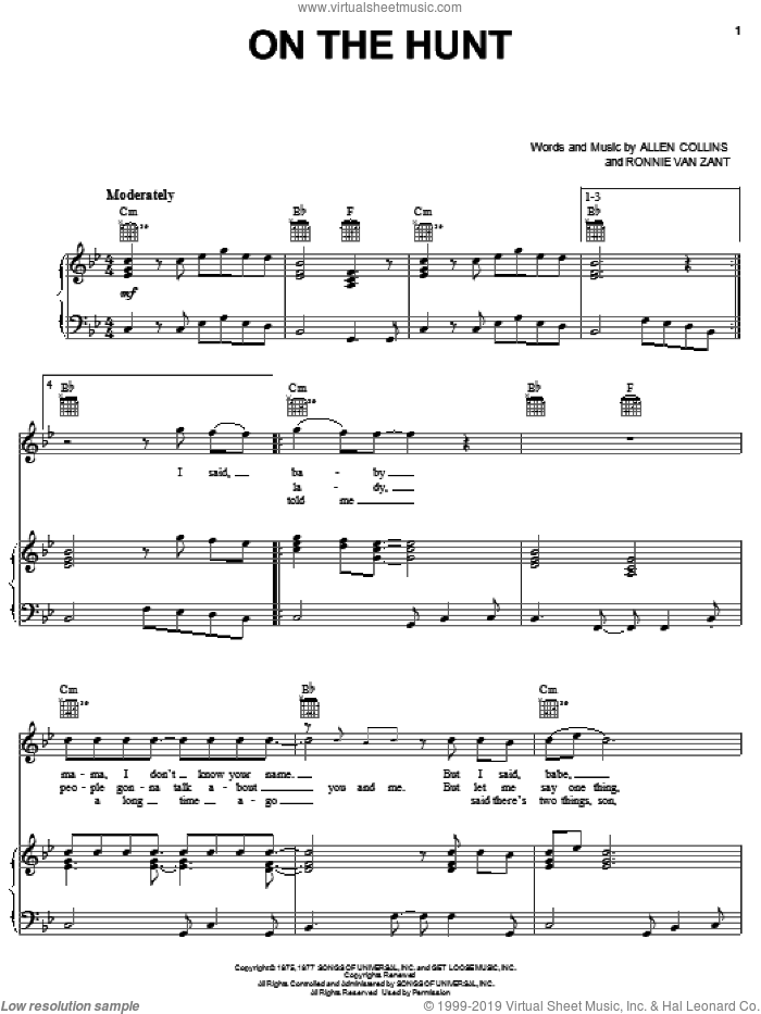 On The Hunt sheet music for voice, piano or guitar by Lynyrd Skynyrd, Allen Collins and Ronnie Van Zant, intermediate skill level