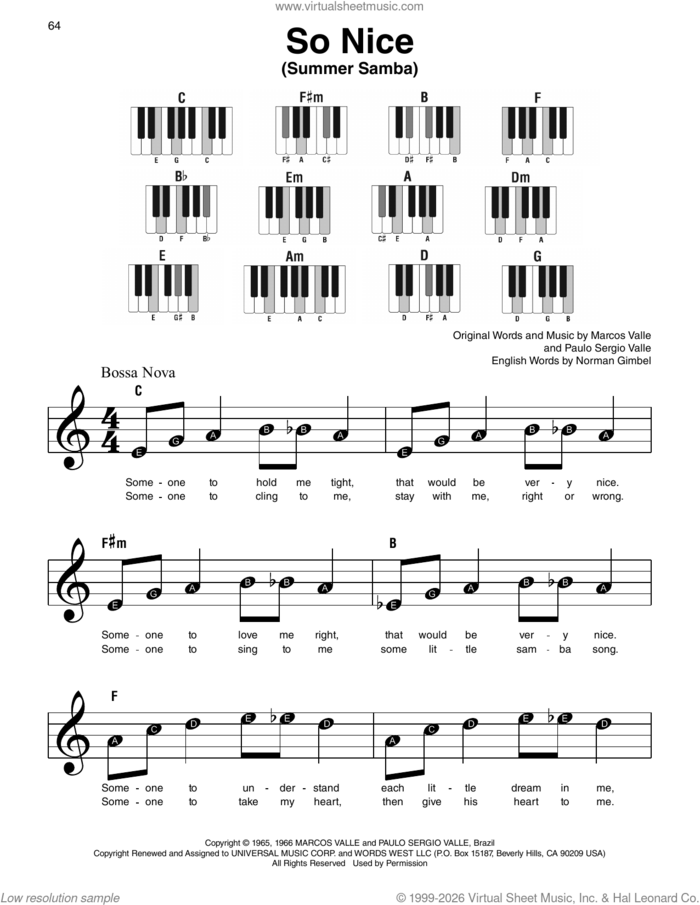 So Nice (Summer Samba) sheet music for piano solo by Walter Wanderley, Marcos Valle, Norman Gimbel and Paulo Sergio Valle, beginner skill level