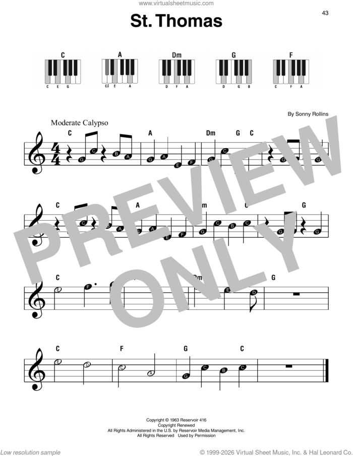 St. Thomas sheet music for piano solo by Sonny Rollins, beginner skill level
