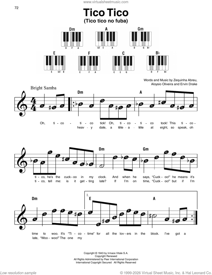 Tico Tico (Tico Tico No Fuba) sheet music for piano solo by Andrews Sisters, Aloysio Oliveira, Ervin Drake and Zequinha de Abreu, beginner skill level