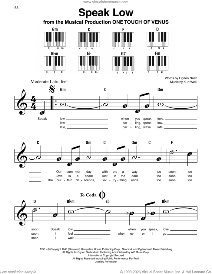 Speak Low sheet music for piano solo by Kurt Weill and Ogden Nash, beginner skill level