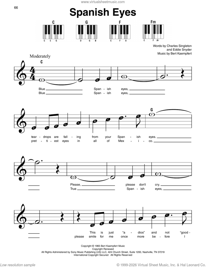 Spanish Eyes sheet music for piano solo by Al Martino, Bert Kaempfert, Charles Singleton and Eddie Snyder, beginner skill level