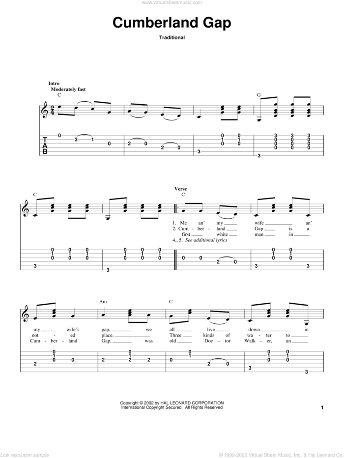 Cumberland Gap sheet music for guitar solo, intermediate skill level