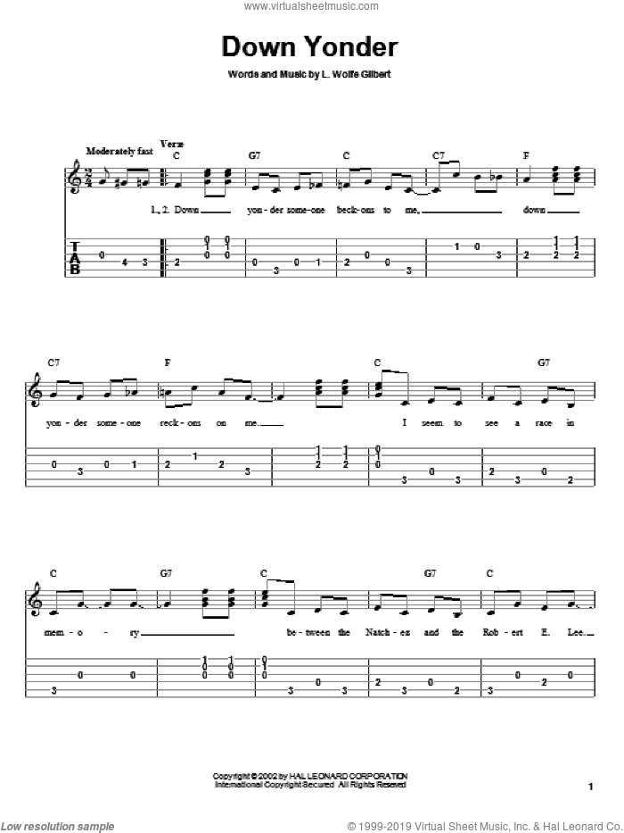 Down Yonder sheet music for guitar solo by L. Wolfe Gilbert, intermediate skill level