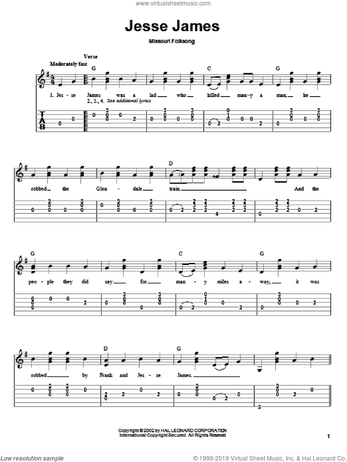 Jesse James sheet music for guitar solo by Missouri Folksong and Miscellaneous, intermediate skill level