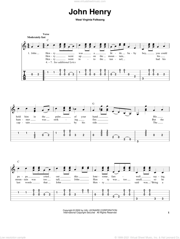 John Henry sheet music for guitar solo, intermediate skill level