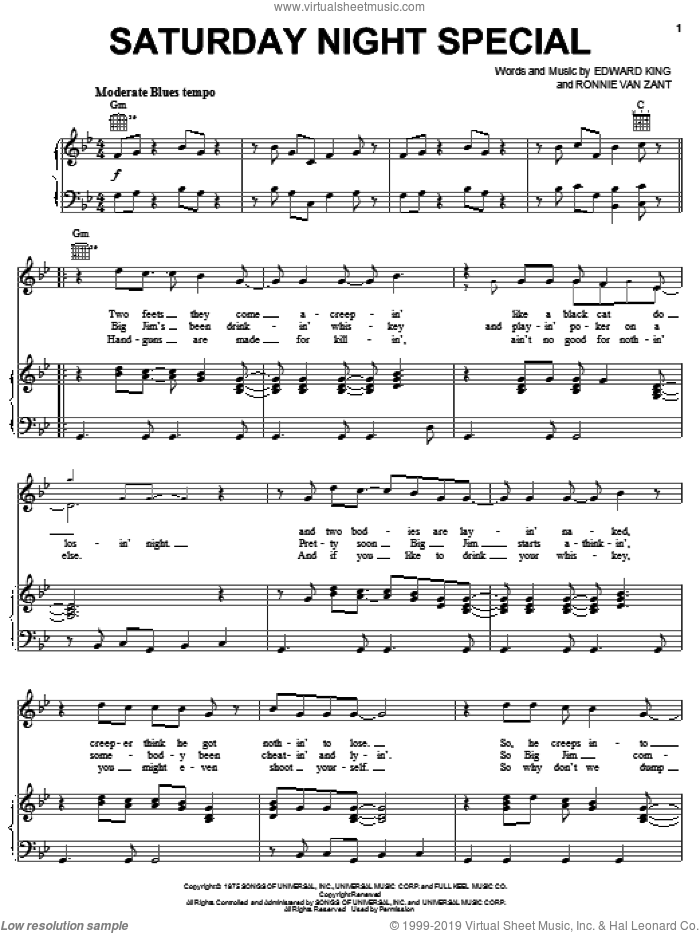 Saturday Night Special sheet music for voice, piano or guitar by Lynyrd Skynyrd, Edward King and Ronnie Van Zant, intermediate skill level