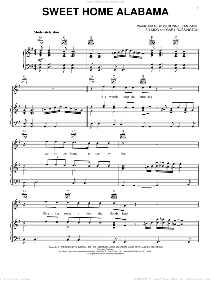 Sweet Home Alabama sheet music for voice, piano or guitar by Lynyrd Skynyrd, Edward King, Gary Rossington and Ronnie Van Zant, intermediate skill level