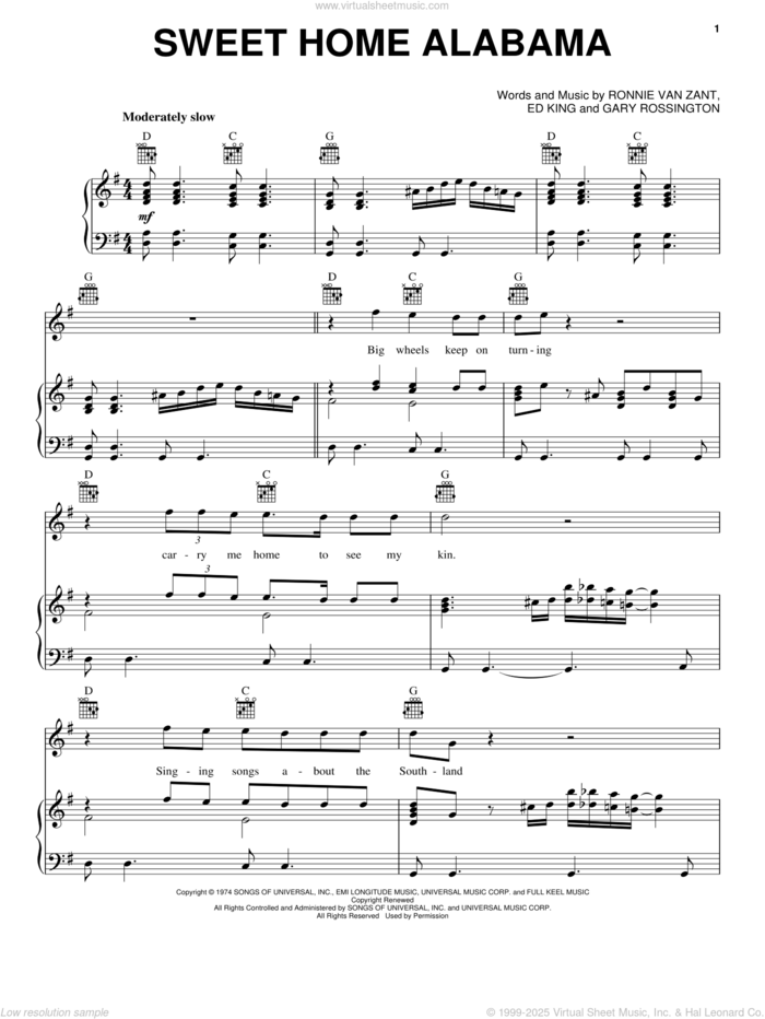 Sweet Home Alabama sheet music for voice, piano or guitar by Lynyrd Skynyrd, Edward King, Gary Rossington and Ronnie Van Zant, intermediate skill level