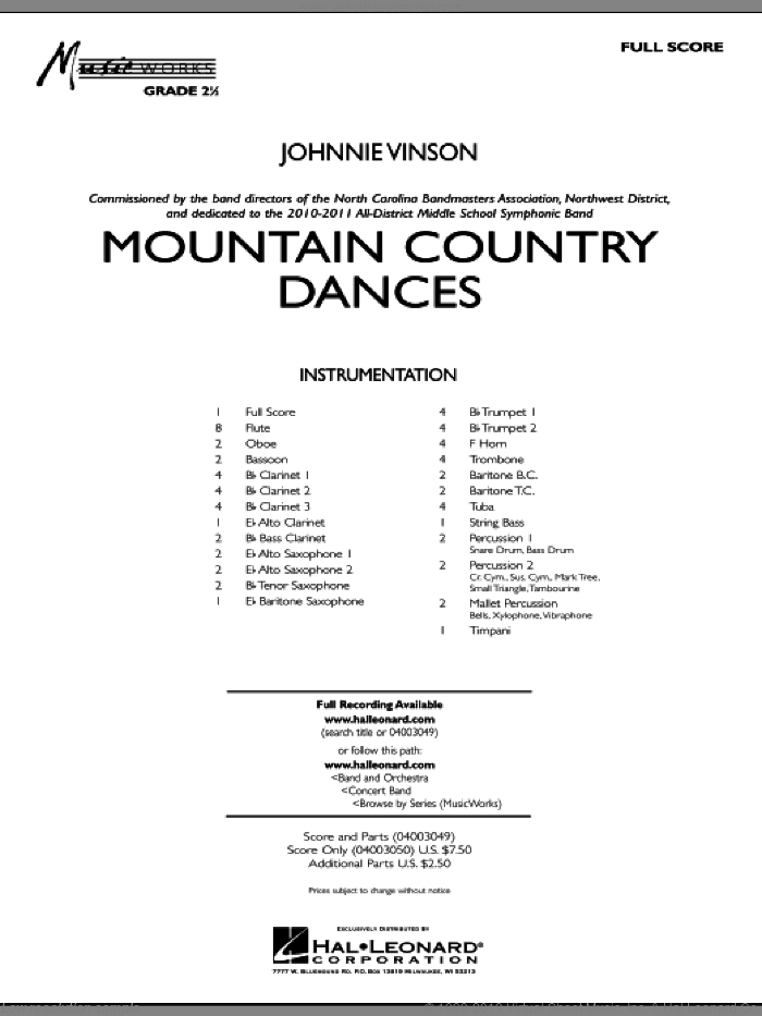 Mountain Country Dances (COMPLETE) sheet music for concert band by Johnnie Vinson, intermediate skill level