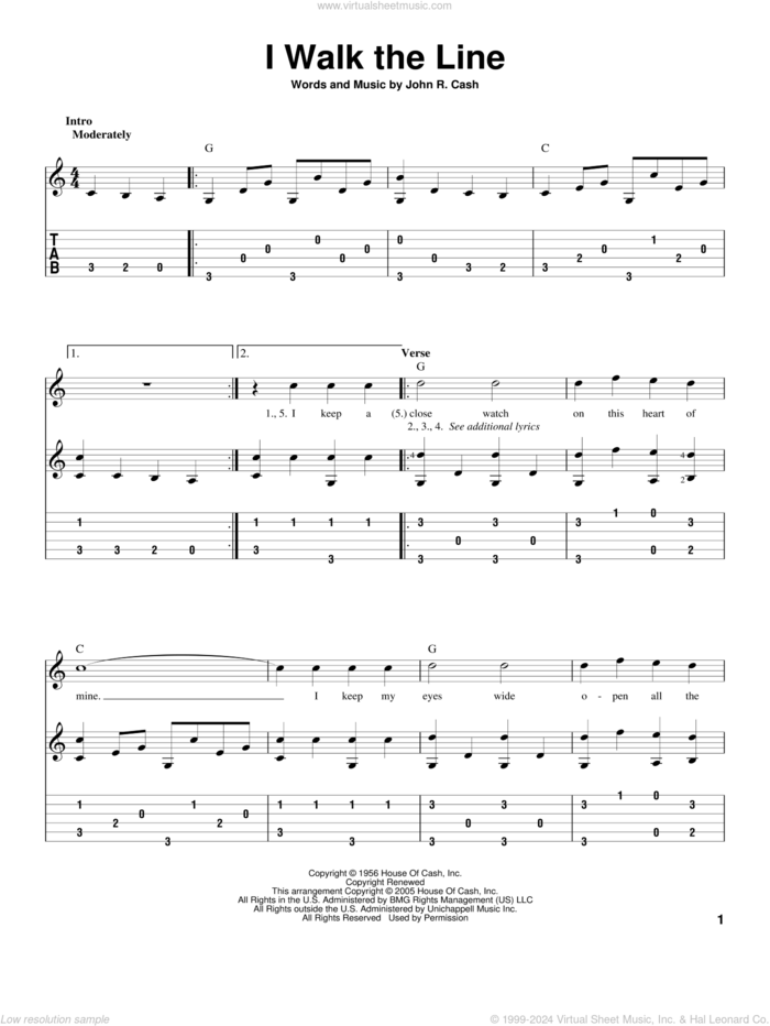 I Walk The Line, (intermediate) sheet music for guitar solo by Johnny Cash, intermediate skill level
