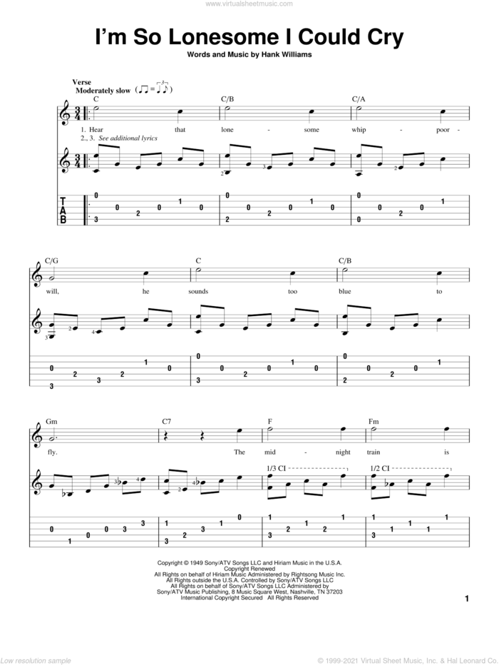I'm So Lonesome I Could Cry sheet music for guitar solo by Hank Williams, B.J. Thomas and Elvis Presley, intermediate skill level