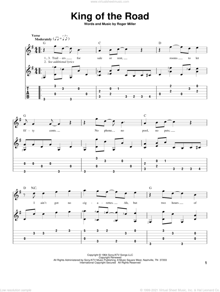 King Of The Road sheet music for guitar solo by Roger Miller and Randy Travis, intermediate skill level