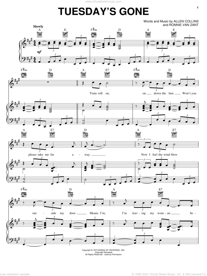 Tuesday's Gone sheet music for voice, piano or guitar by Lynyrd Skynyrd, Allen Collins and Ronnie Van Zant, intermediate skill level