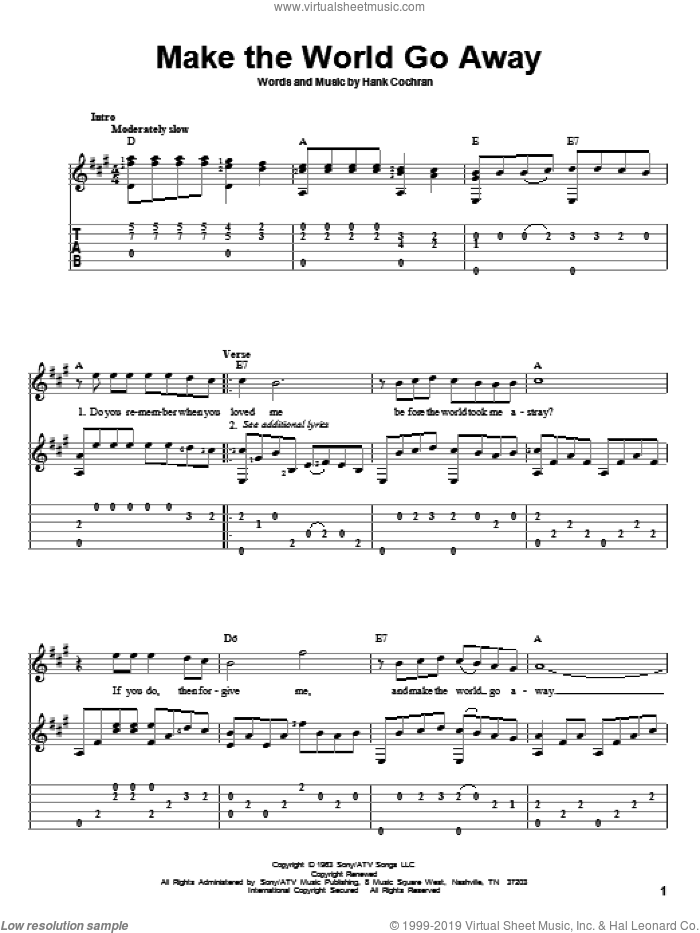 Make The World Go Away sheet music for guitar solo by Eddy Arnold, Elvis Presley and Hank Cochran, intermediate skill level