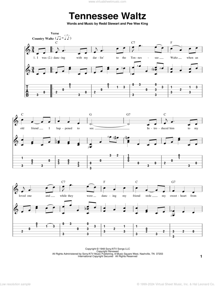 Tennessee Waltz sheet music for guitar solo by Patti Page, Pee Wee King and Redd Stewart, intermediate skill level