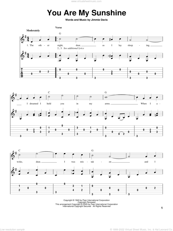 You Are My Sunshine sheet music for guitar solo by Jimmie Davis, Duane Eddy and Ray Charles, intermediate skill level