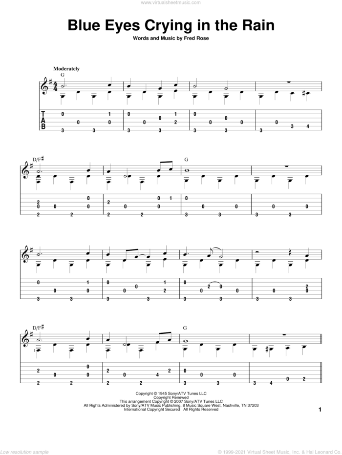 Blue Eyes Crying In The Rain, (intermediate) sheet music for guitar solo by Willie Nelson, David Hamburger and Fred Rose, intermediate skill level