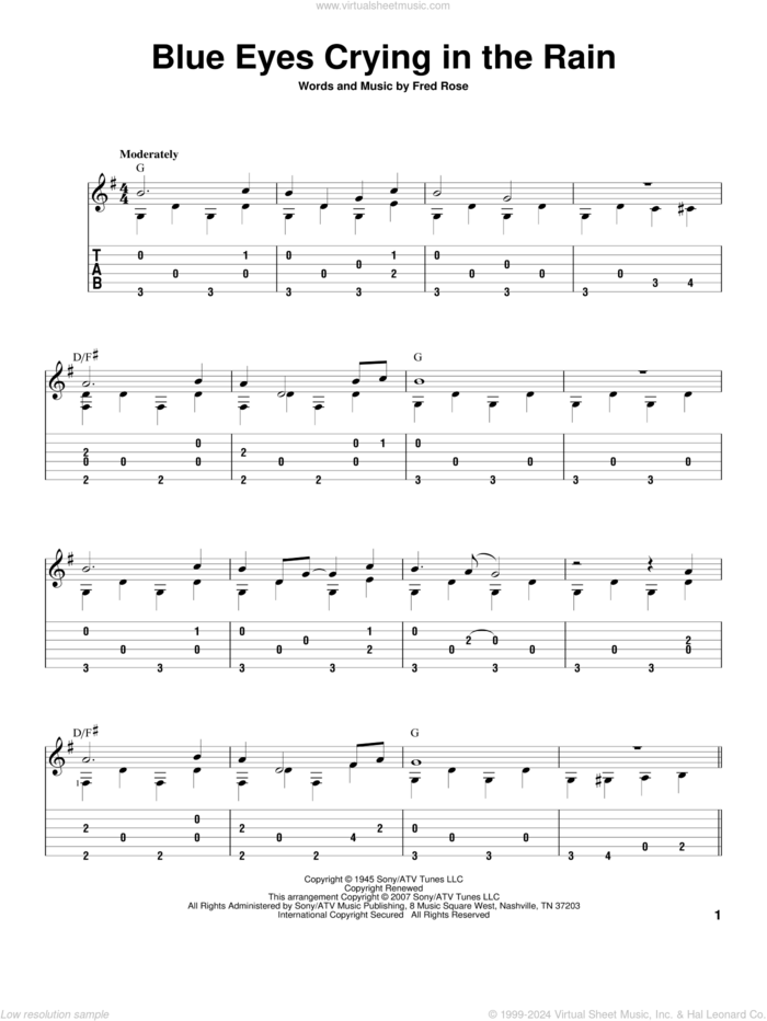 Blue Eyes Crying In The Rain, (intermediate) sheet music for guitar solo by Willie Nelson, David Hamburger and Fred Rose, intermediate skill level