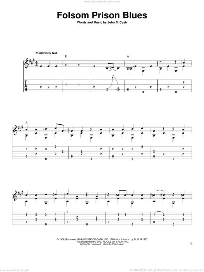 Folsom Prison Blues sheet music for guitar solo by Johnny Cash and David Hamburger, intermediate skill level