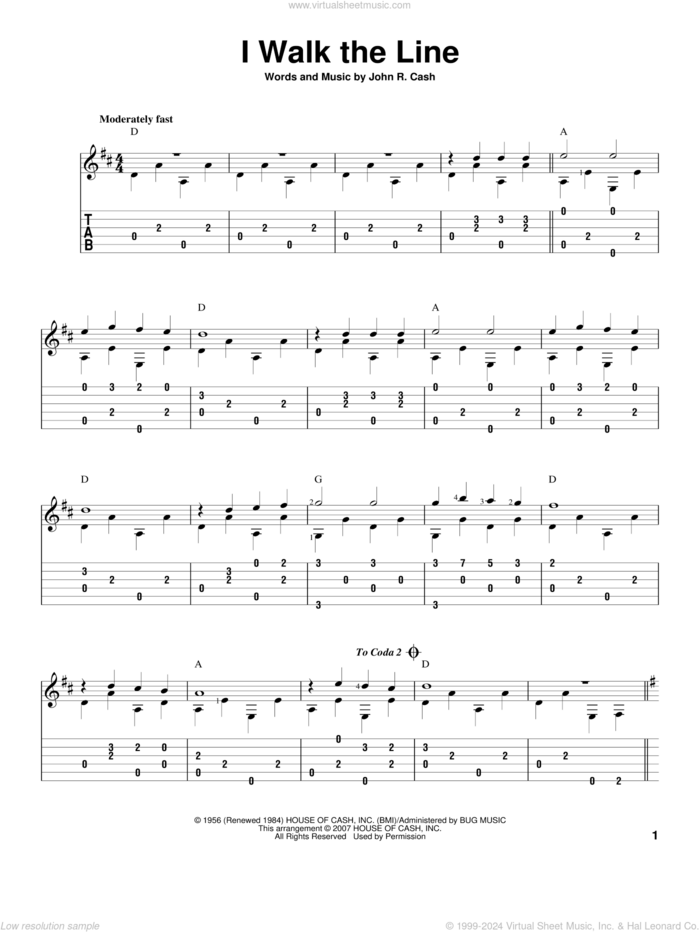 I Walk The Line, (intermediate) sheet music for guitar solo by Johnny Cash and David Hamburger, intermediate skill level