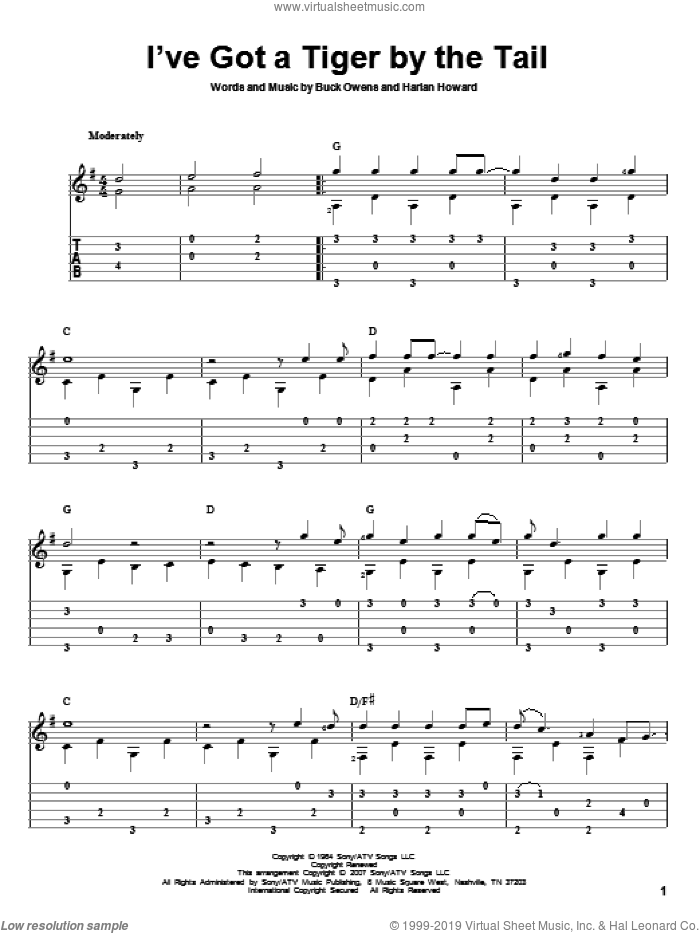 I've Got A Tiger By The Tail sheet music for guitar solo by Buck Owens, David Hamburger and Harlan Howard, intermediate skill level