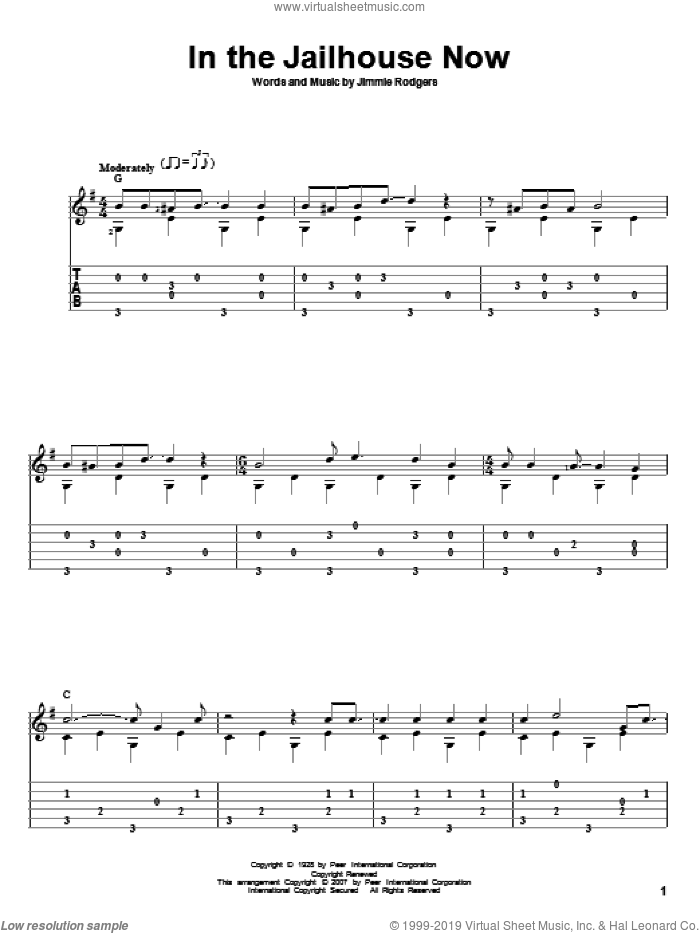 In The Jailhouse Now sheet music for guitar solo by Jimmie Rodgers and David Hamburger, intermediate skill level