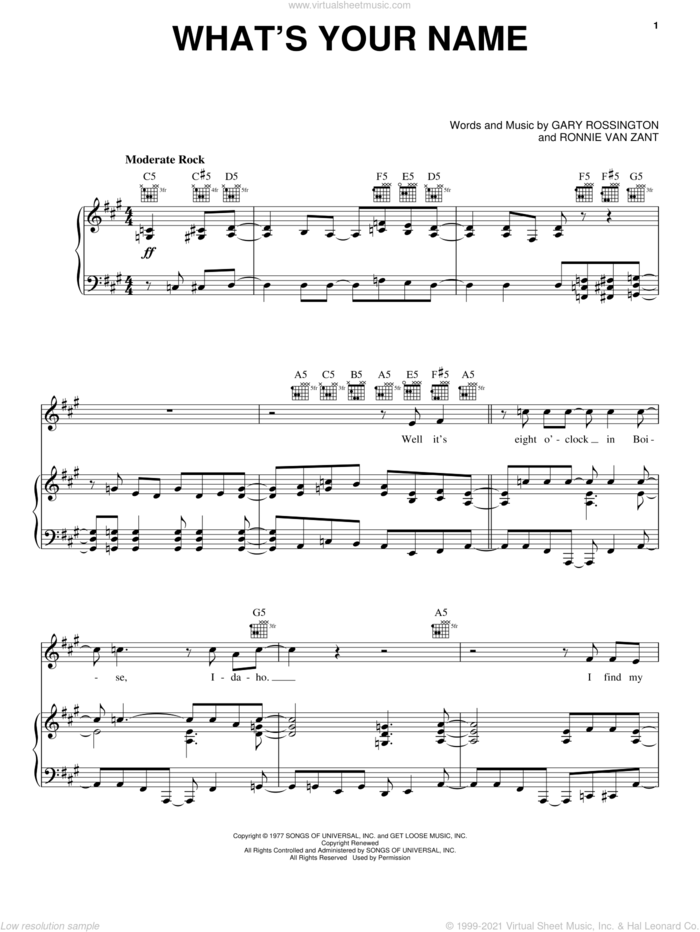 What's Your Name sheet music for voice, piano or guitar by Lynyrd Skynyrd, Gary Rossington and Ronnie Van Zant, intermediate skill level