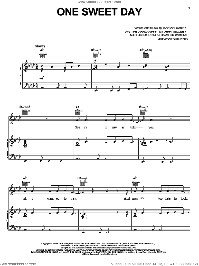 One Sweet Day sheet music for voice, piano or guitar by Mariah Carey and Boyz II Men, Boyz II Men, Mariah Carey, Michael McCary and Nathan Morris, wedding score, intermediate skill level